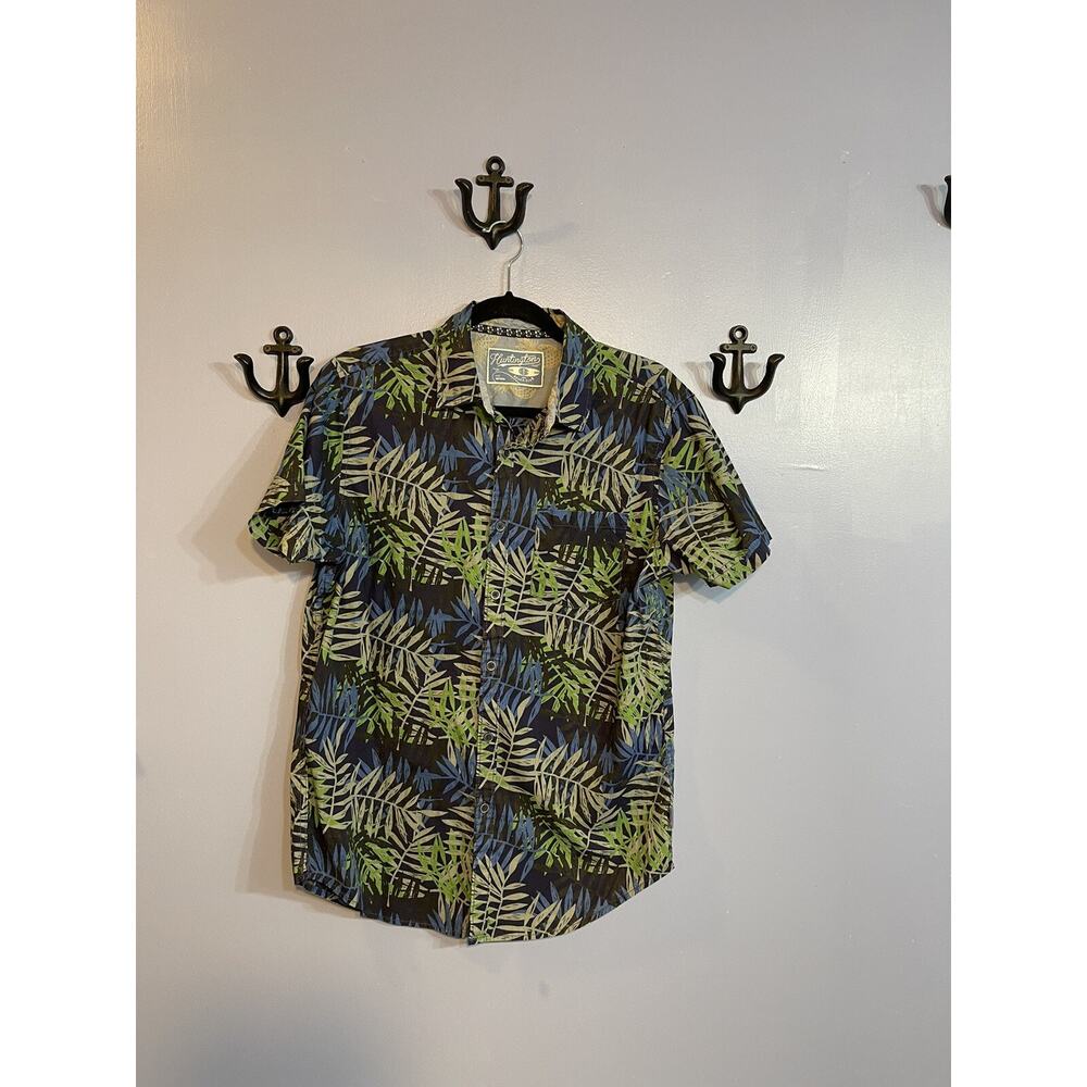 Huntington Beach Club Button Down Shirt Blue w/Leaves Size M